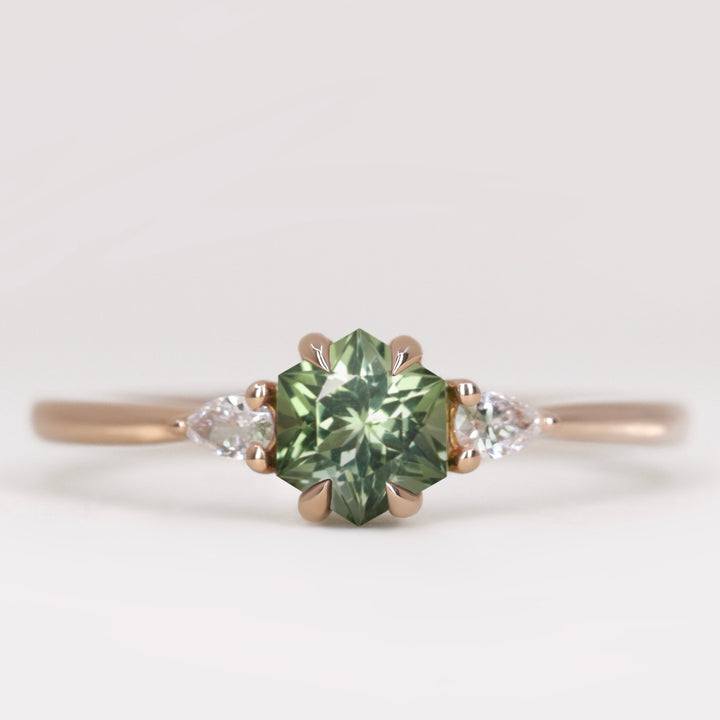 Elspeth - Hexagon Cut Green Tourmaline Trilogy Engagement Ring Engagement Rings - Made-to-Order