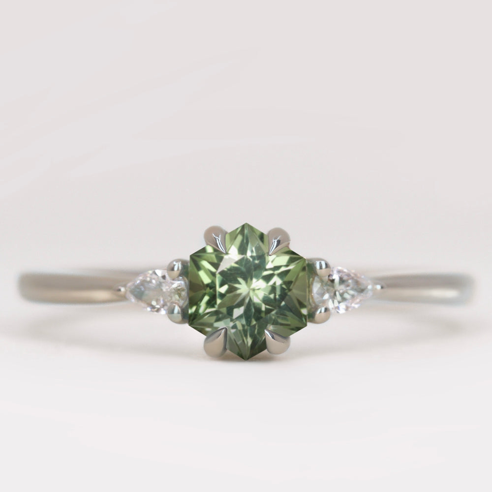 Elspeth - Hexagon Cut Green Tourmaline Trilogy Engagement Ring Engagement Rings - Made-to-Order