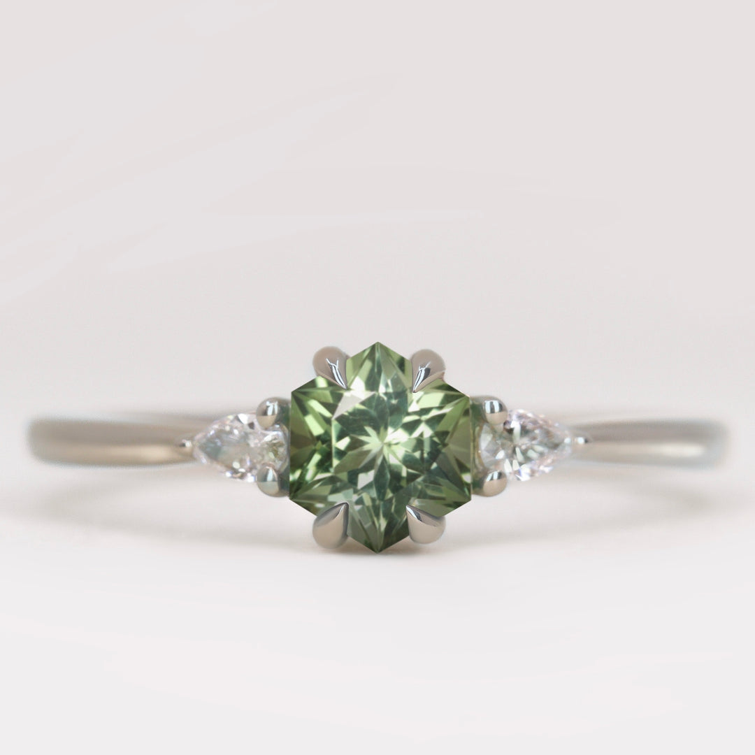 Elspeth - Hexagon Cut Green Tourmaline Trilogy Engagement Ring Engagement Rings - Made-to-Order
