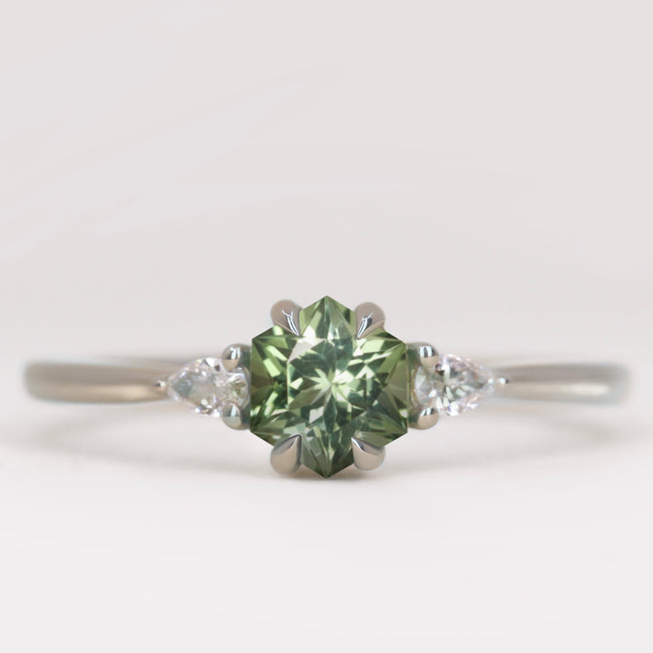 Elspeth - Hexagon Cut Green Tourmaline Trilogy Engagement Ring Engagement Rings - Made-to-Order