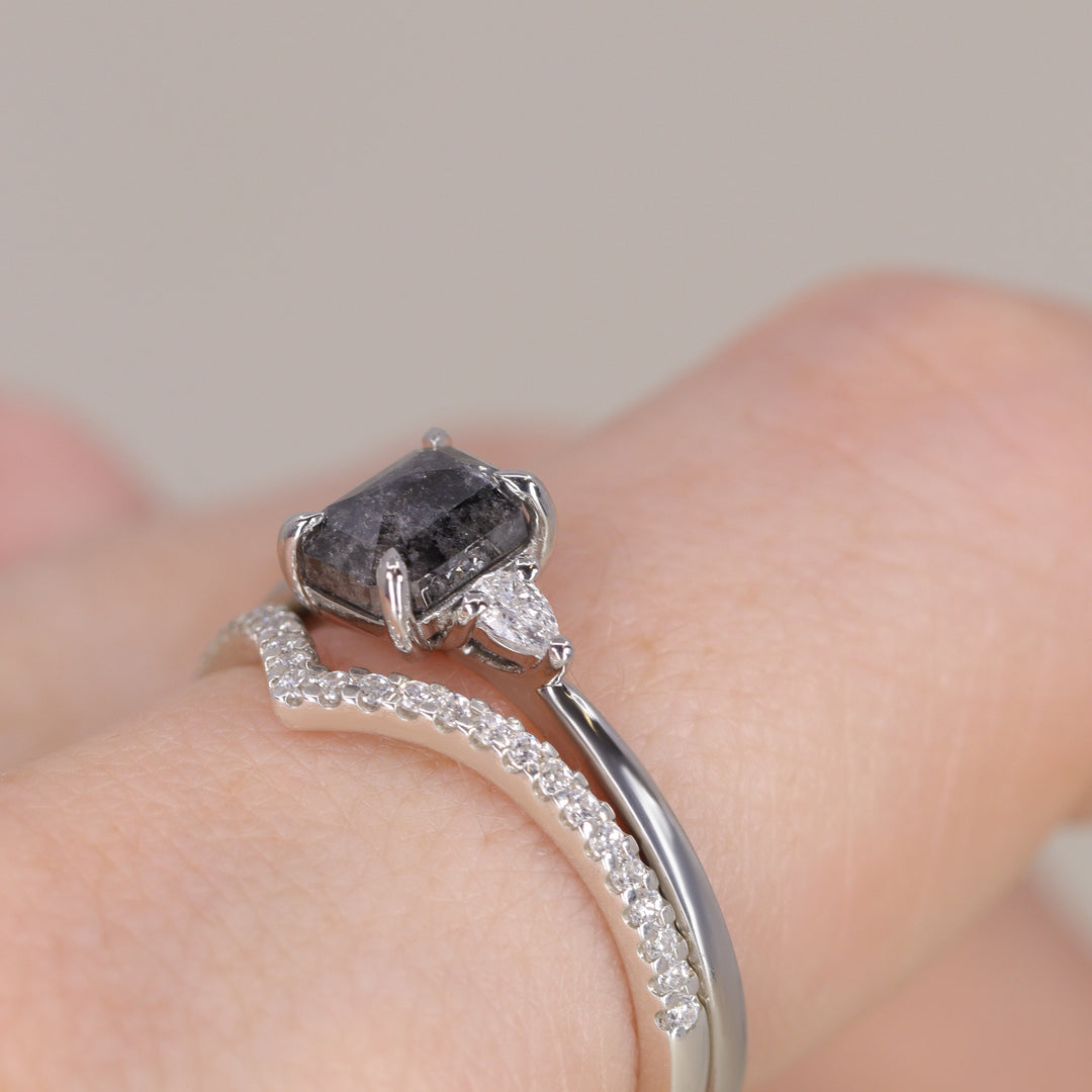Elspeth - Emerald Cut Salt and Pepper Diamond Trilogy Engagement Ring Engagement Rings - Price On Application