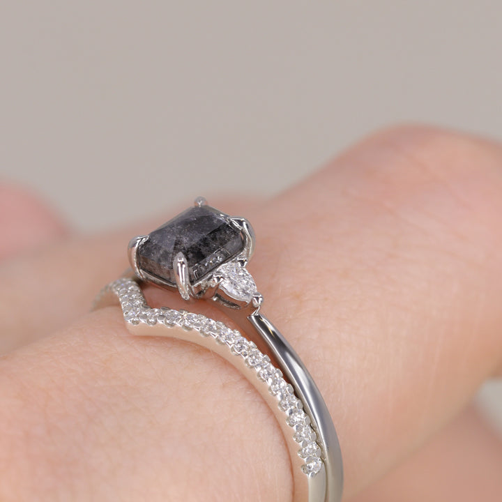 Elspeth - Emerald Cut Salt and Pepper Diamond Trilogy Engagement Ring Engagement Rings - Price On Application