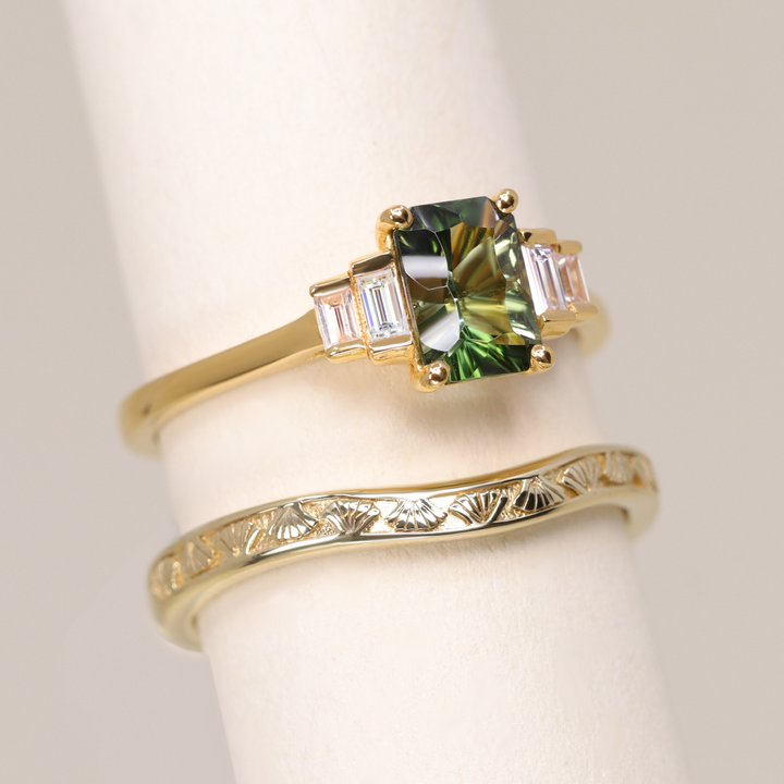 Bridal Set - Erin & Goldie - Optix Cut Green Tourmaline Art Deco Engagement Ring and Shaped Patterned Wedding Ring Bridal Sets