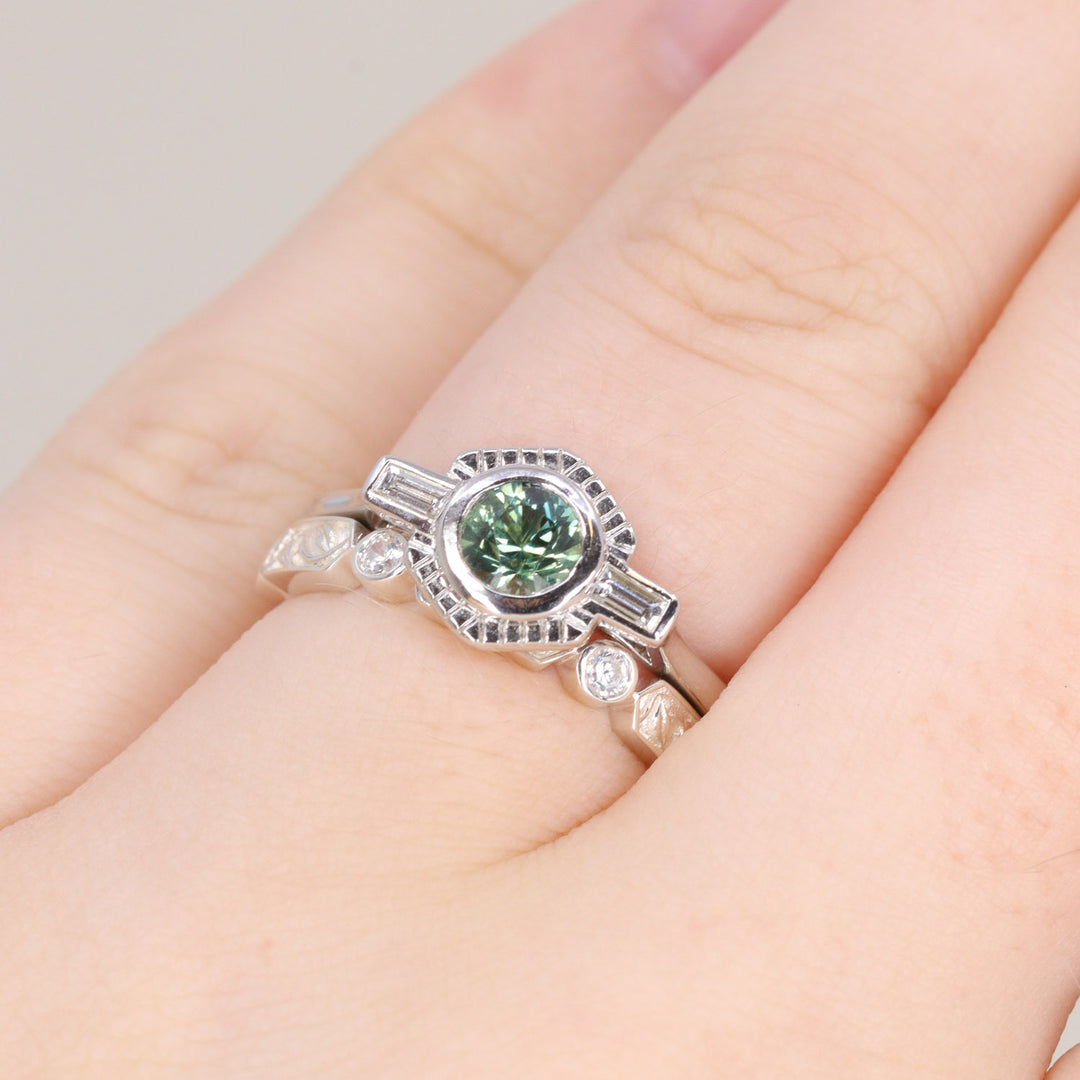 Olivia - Teal Sapphire Art Deco Halo Ring - Ready-to-Wear Engagement Rings - Ready-to-Ship