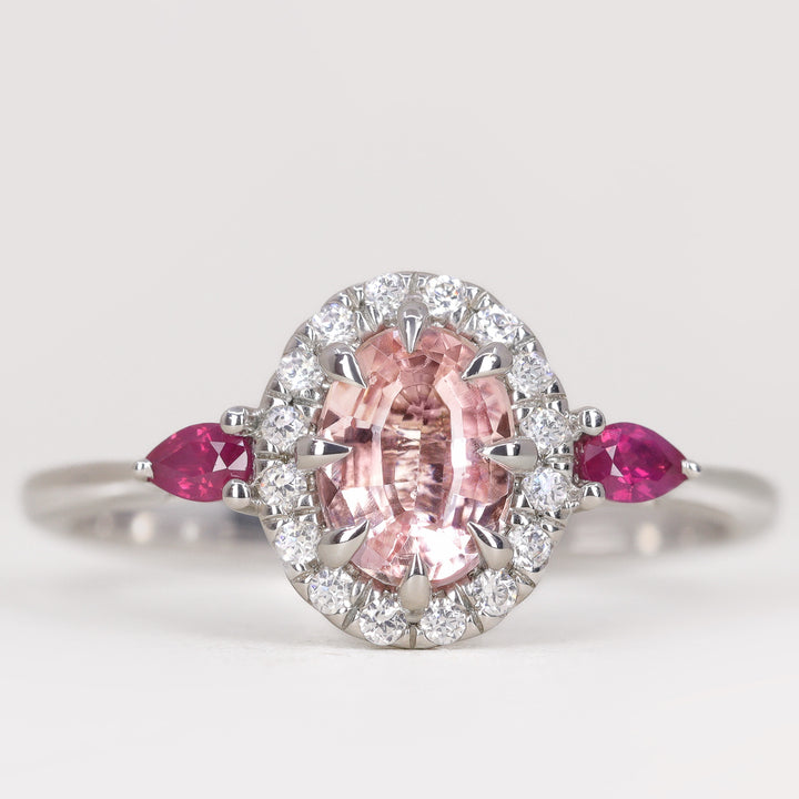 Georgina - Oval Cut Morganite, Ruby and Diamond Trilogy Halo Engagement Ring Engagement Rings - Made-to-Order