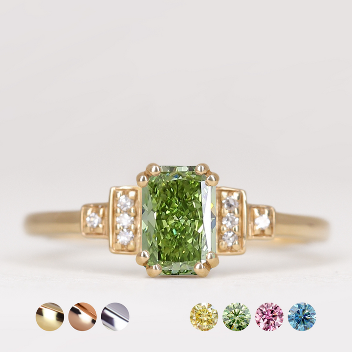 Grace - Emerald or Radiant Cut Coloured Lab Grown Diamond Cluster Art Deco Engagement Ring Engagement Rings - Price On Application