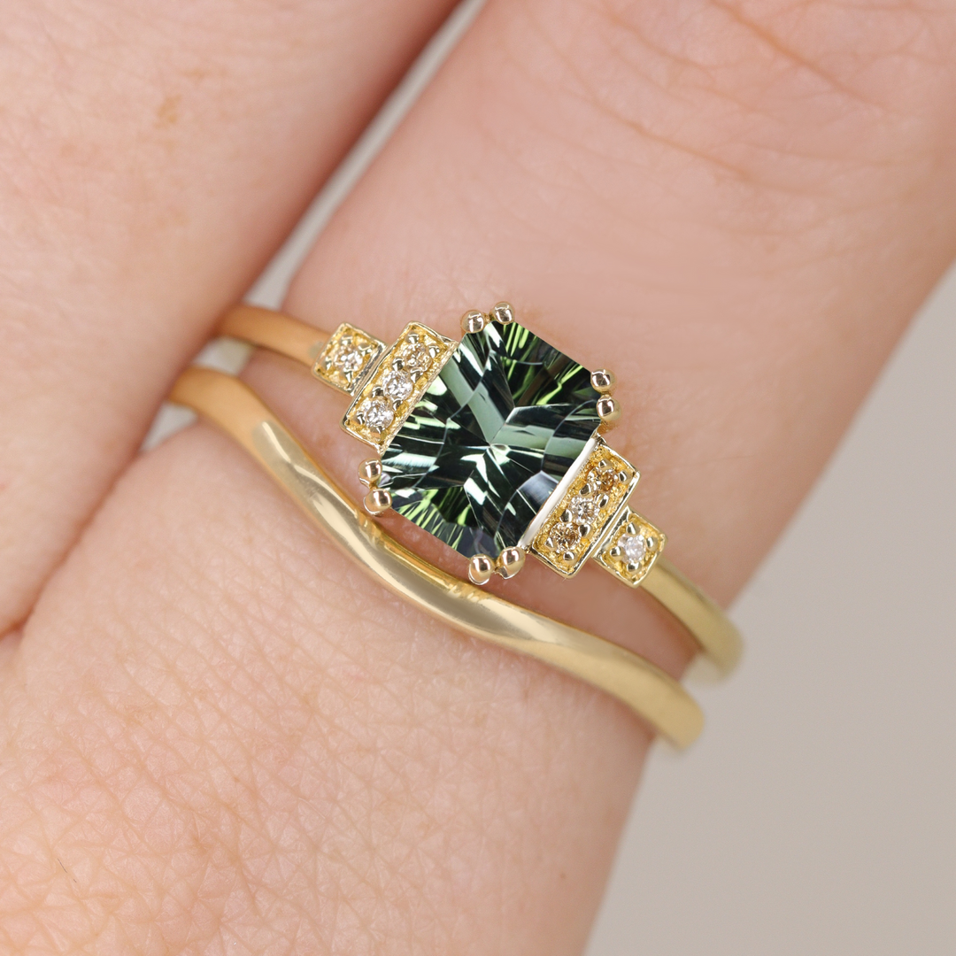 Grace - Optix or Emerald Cut Green Tourmaline Cluster Art Deco Engagement Ring Engagement Rings - Made-to-Order