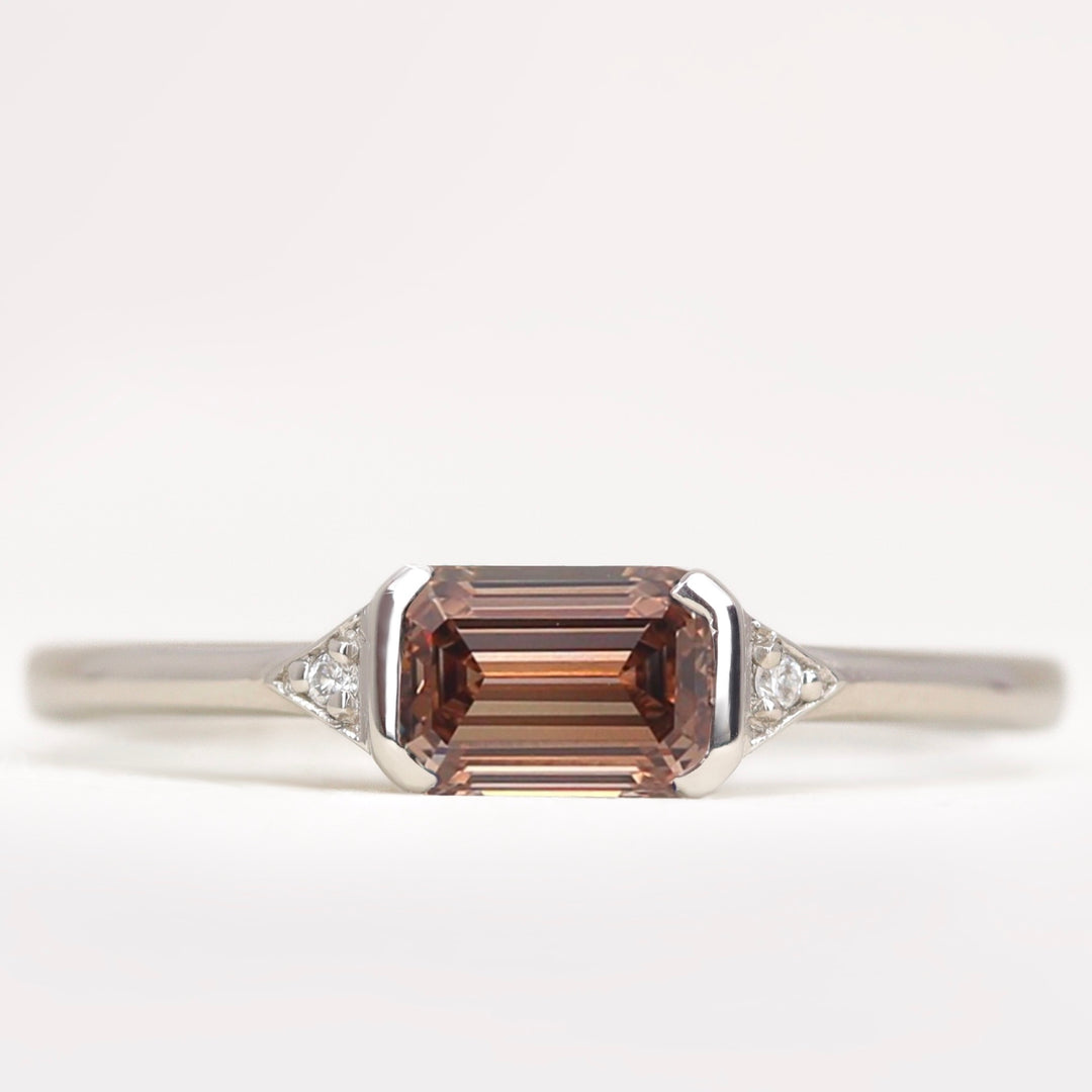 Hattie - Emerald or Radiant Cut Coloured Lab Grown Diamond East-West Art Deco Trilogy Engagement Ring Engagement Rings - Price On Application