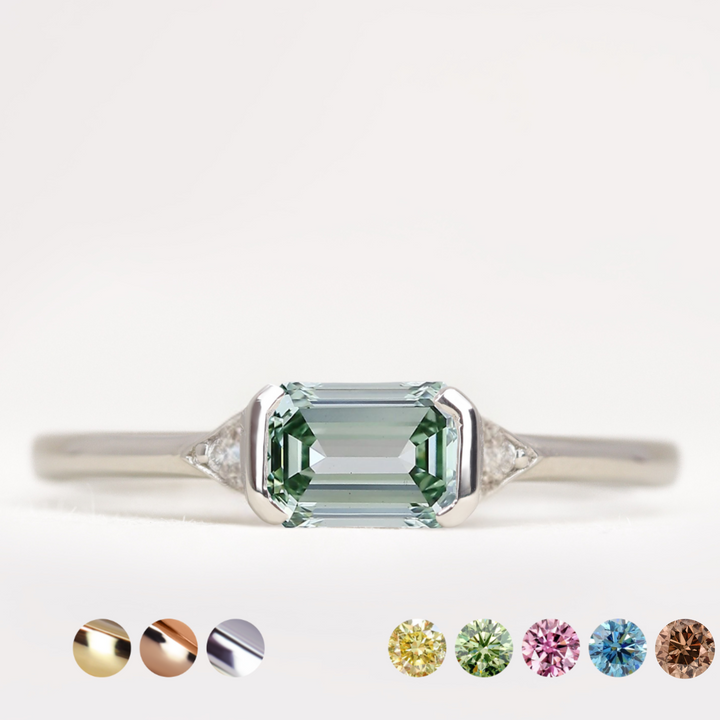 Hattie - Emerald or Radiant Cut Coloured Lab Grown Diamond East-West Art Deco Trilogy Engagement Ring Engagement Rings - Price On Application