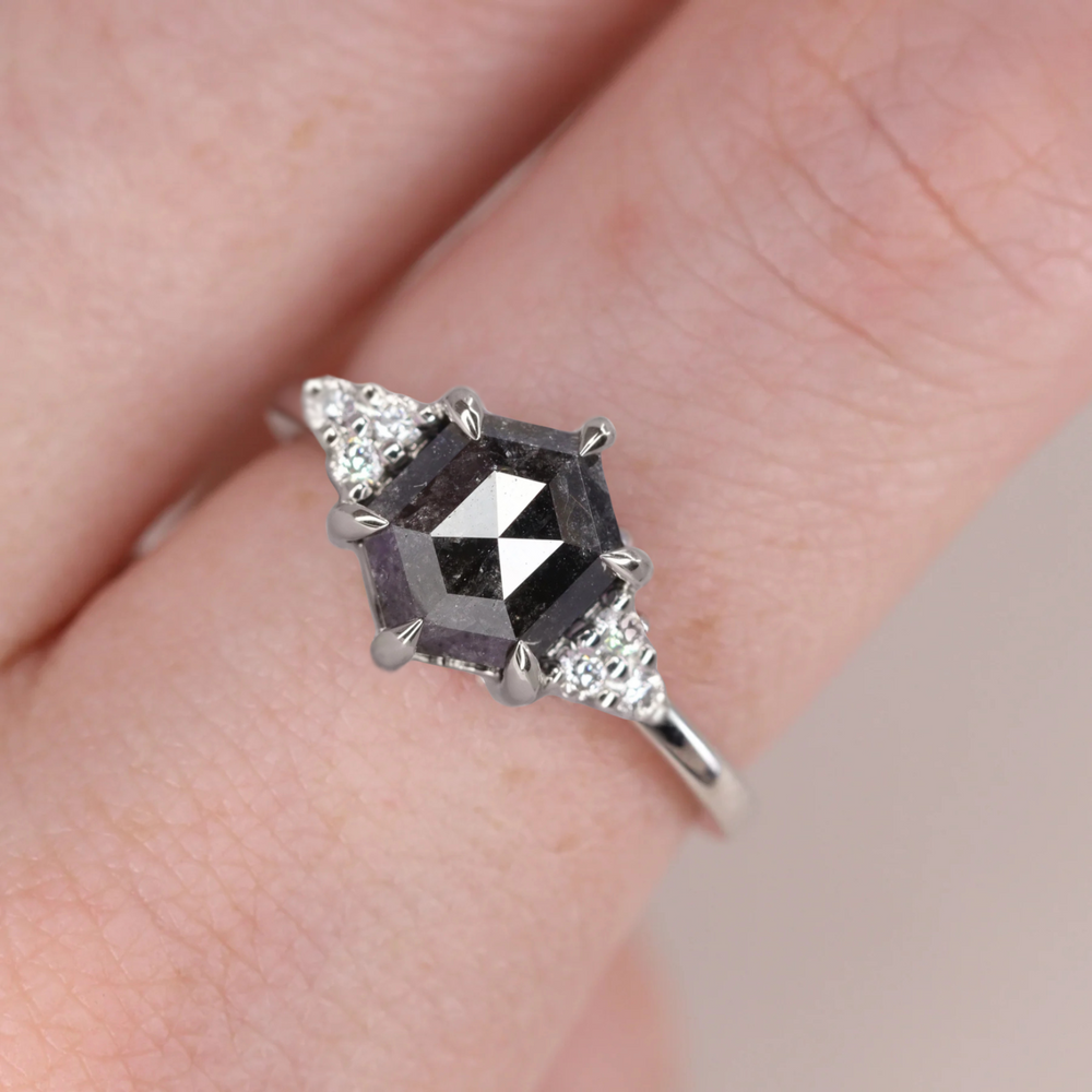 Henrietta - Hexagon Salt and Pepper Diamond Cluster Engagement Ring Engagement Rings - Price On Application