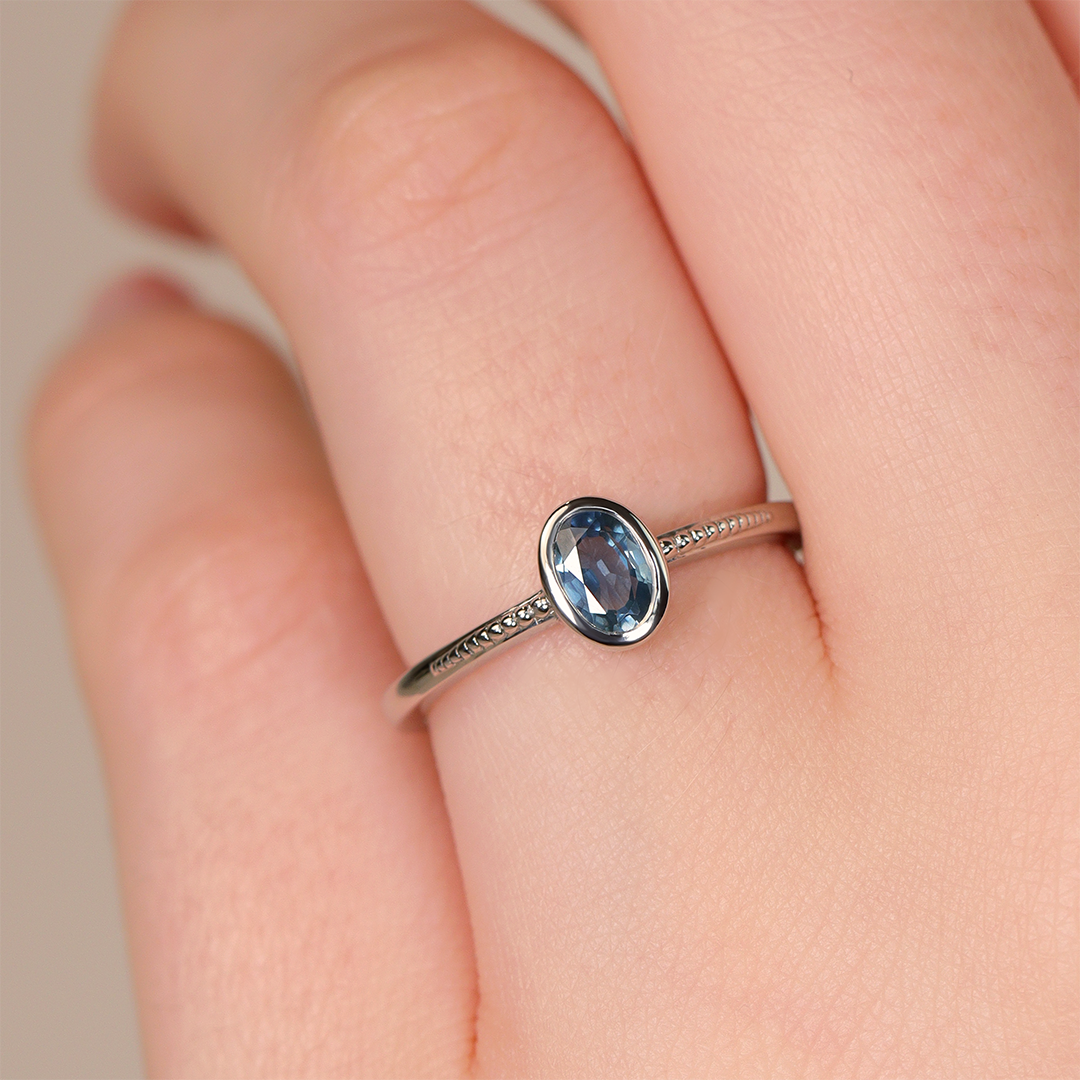 Nina - Oval Blue Sapphire Art Deco Bezel Set Solitaire Engagement Ring Engagement Rings - Made-to-Order