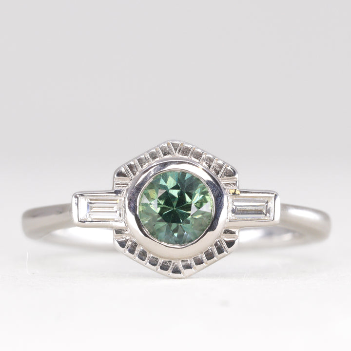 Olivia - Teal Sapphire Art Deco Halo Ring - Ready-to-Wear Engagement Rings - Ready-to-Ship
