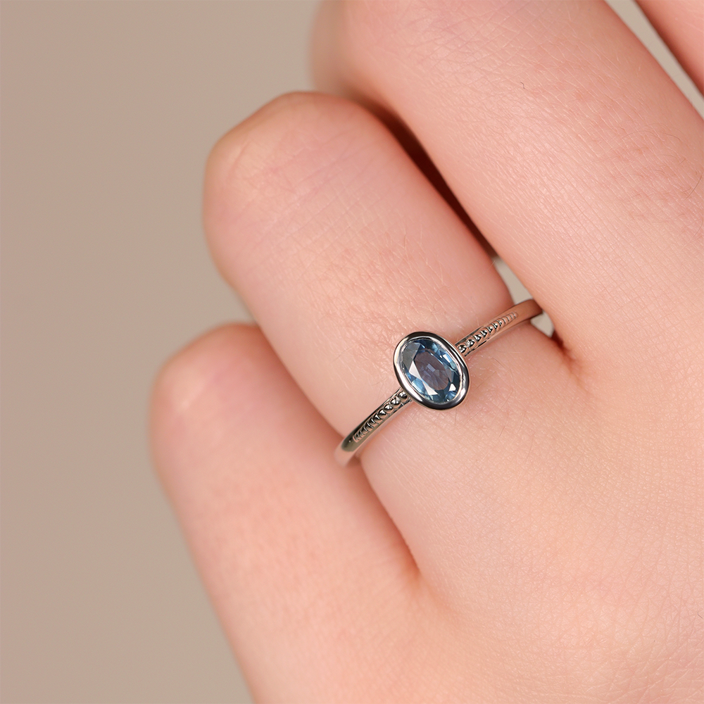 Nina - Oval Blue Sapphire Art Deco Bezel Set Solitaire Engagement Ring Engagement Rings - Made-to-Order