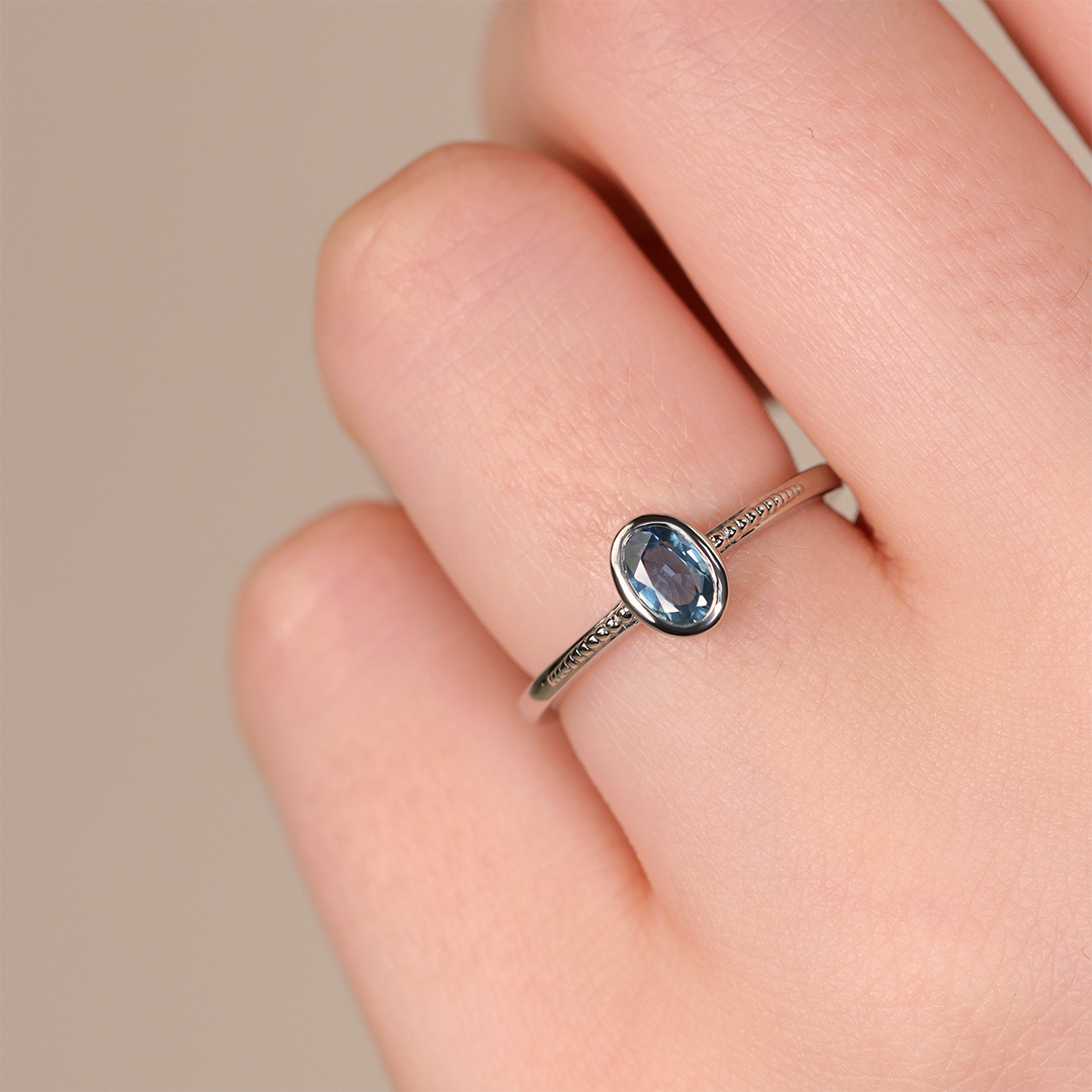 Nina - Oval Blue Sapphire Art Deco Bezel Set Solitaire Engagement Ring Engagement Rings - Made-to-Order