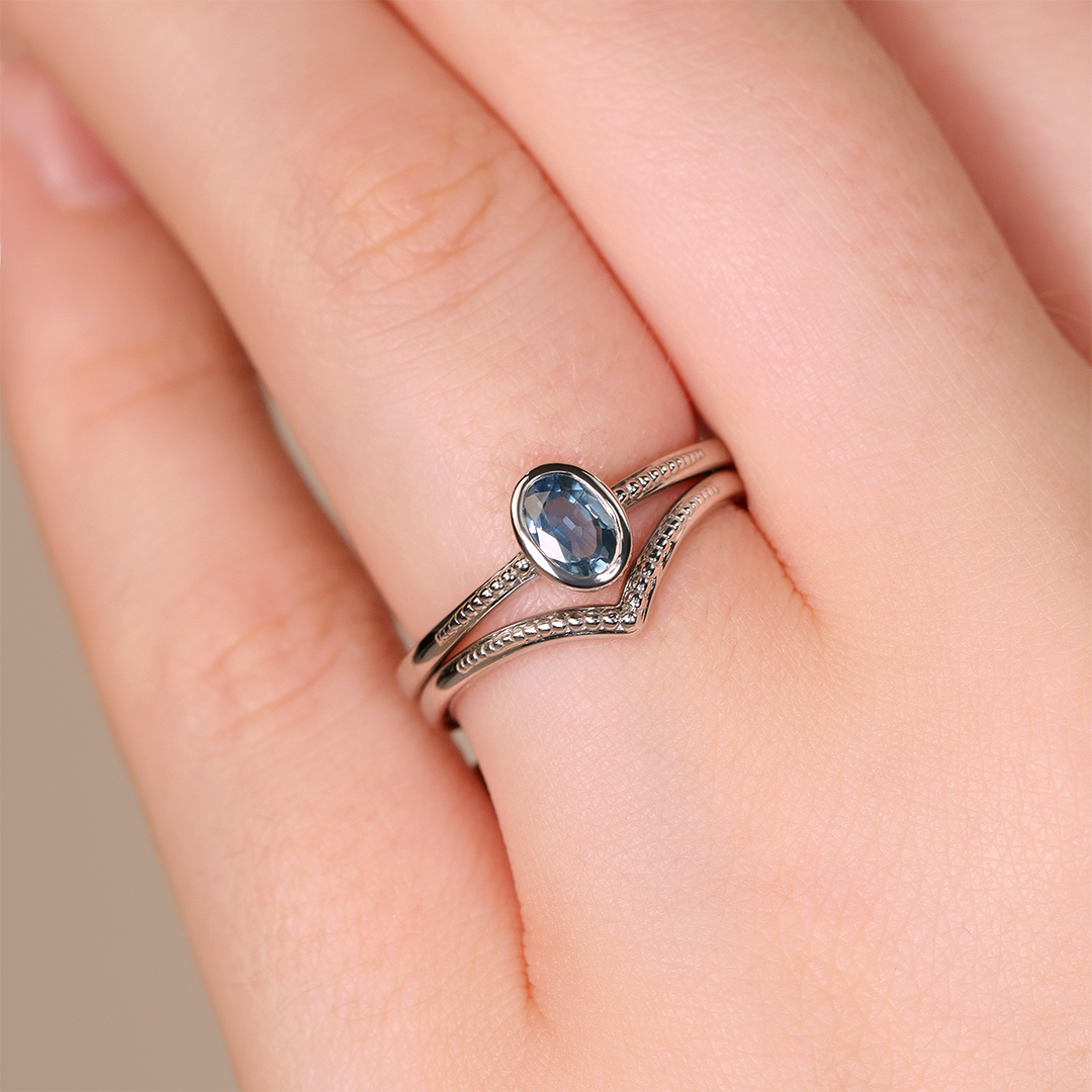 Nina - Oval Blue Sapphire Art Deco Bezel Set Solitaire Engagement Ring Engagement Rings - Made-to-Order