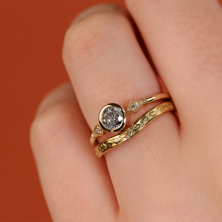 Lola - Round Brilliant Cut Salt and Pepper Diamond Art Deco Engagement Ring Engagement Rings - Made-to-Order