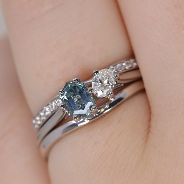 Juno - Hexagon Cut Teal Sapphire and Oval Diamond Toi et Moi Engagement Ring Engagement Rings - Price On Application
