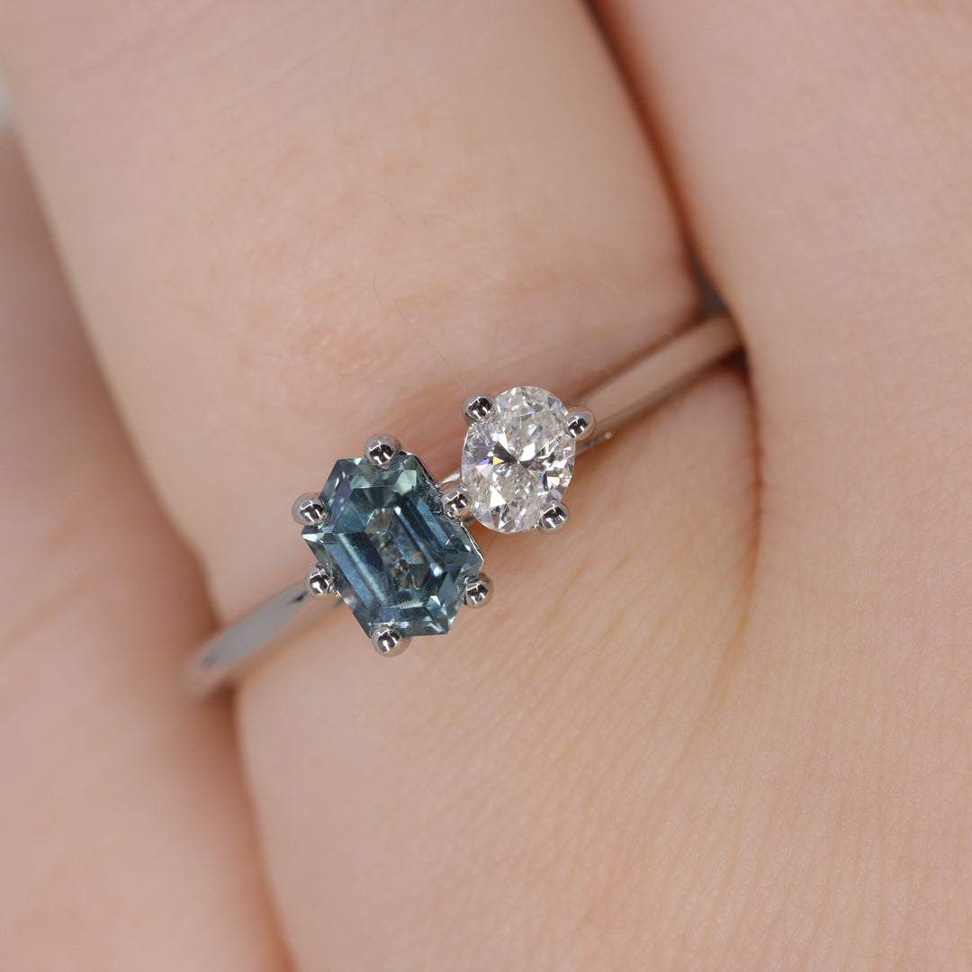 Juno - Hexagon Cut Teal Sapphire and Oval Diamond Toi et Moi Engagement Ring Engagement Rings - Price On Application