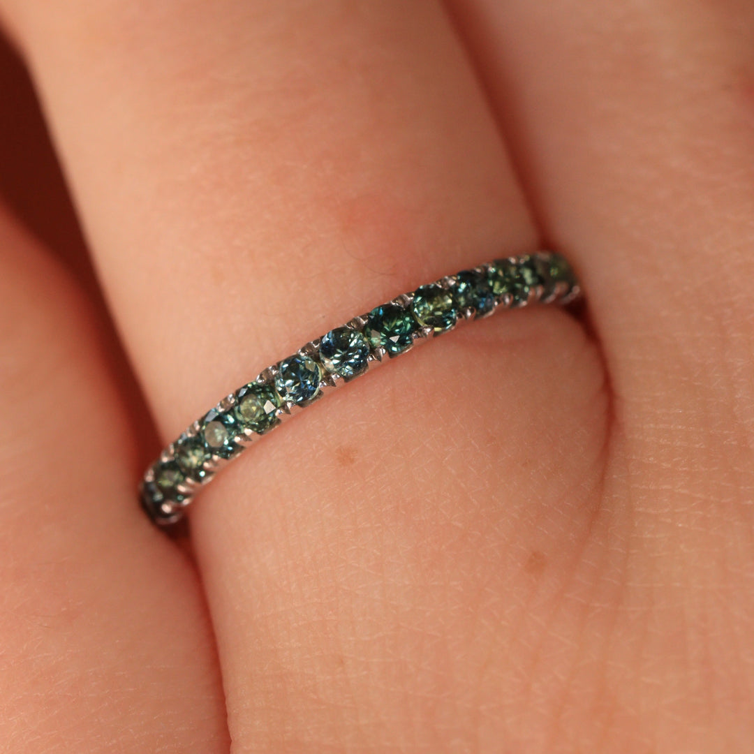 Wednesday - Round Brilliant Cut Teal Sapphire Half Eternity Wedding Ring - Made-to-Order Wedding Rings - Made-to-Order
