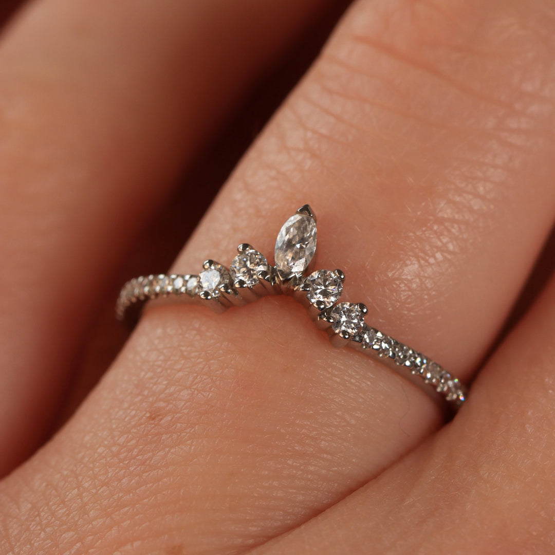 Winnie - Marquise Diamond Petite Tiara Wedding Ring with Diamond Set Shoulders - Made-to-Order Wedding Rings - Made-to-Order