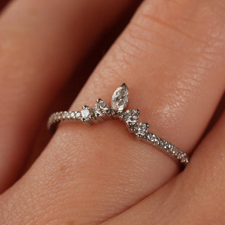 Winnie - Marquise Diamond Petite Tiara Wedding Ring with Diamond Set Shoulders - Made-to-Order Wedding Rings - Made-to-Order