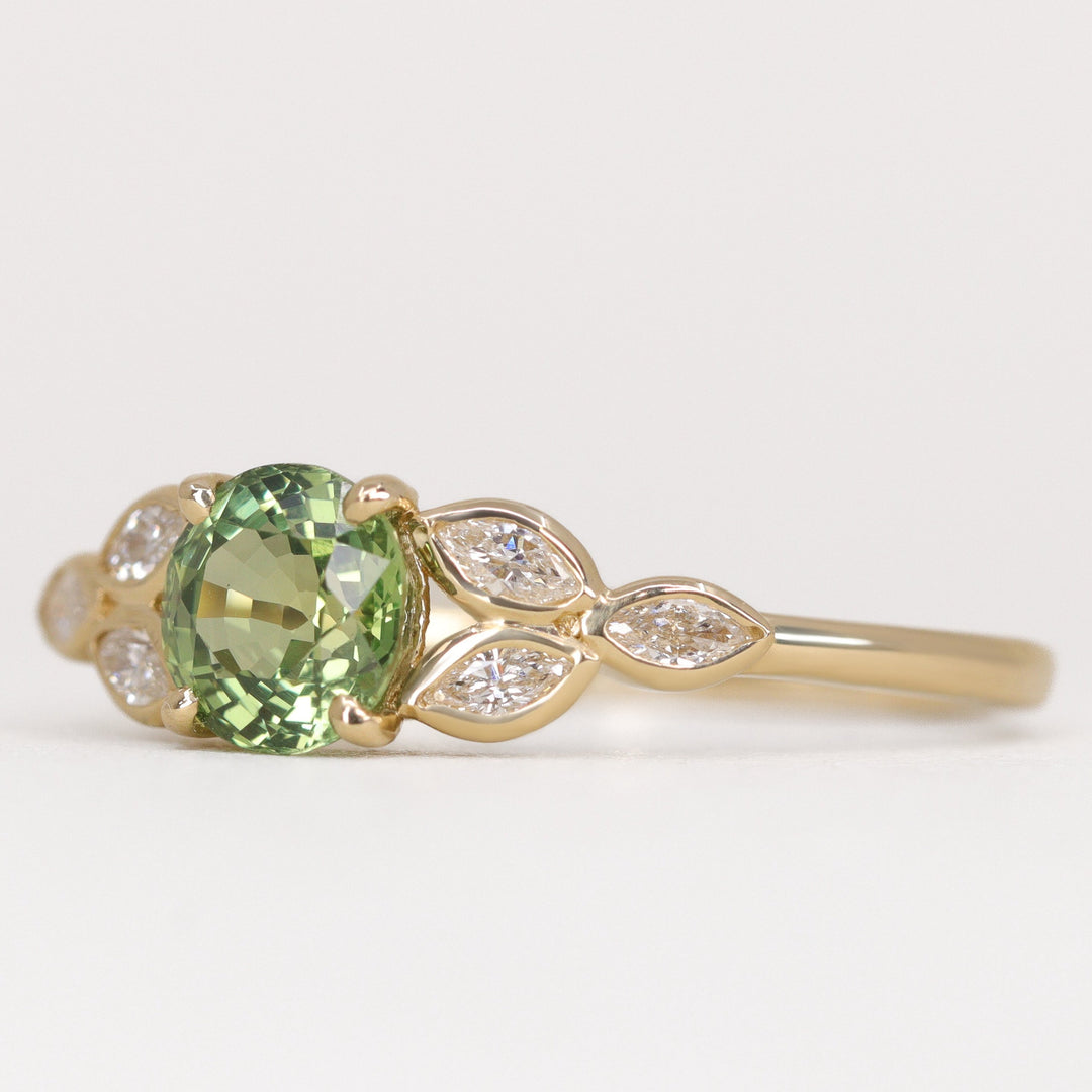 Juliet - Round Green Sapphire Leaf Detail Engagement Ring Engagement Rings - Price On Application