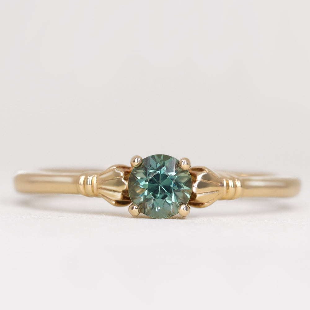Tilly - Round Blue Teal Sapphire Art Deco Fan Detail Solitaire Engagement Ring Engagement Rings - Price On Application