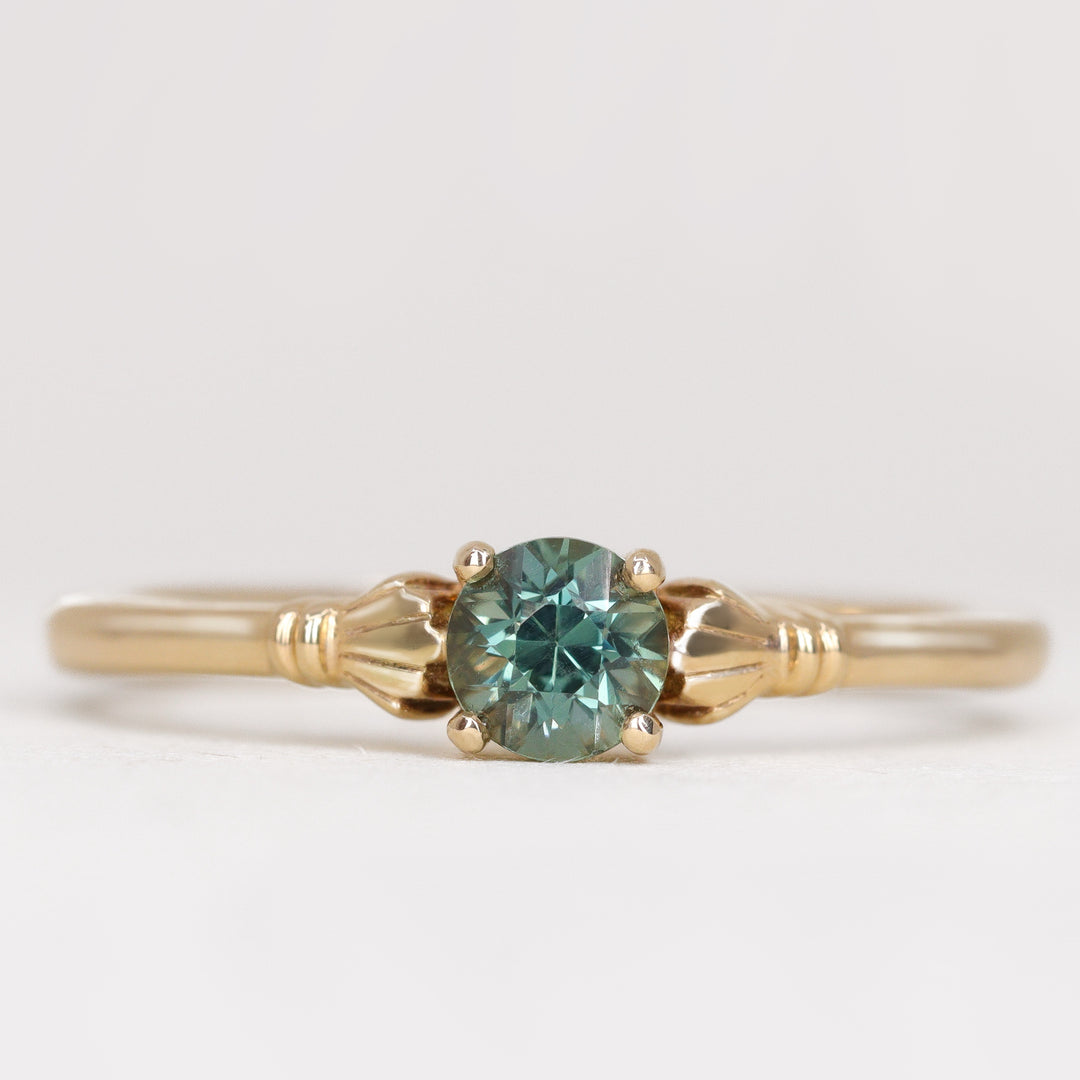 Tilly - Round Blue Teal Sapphire Art Deco Fan Detail Solitaire Engagement Ring Engagement Rings - Price On Application