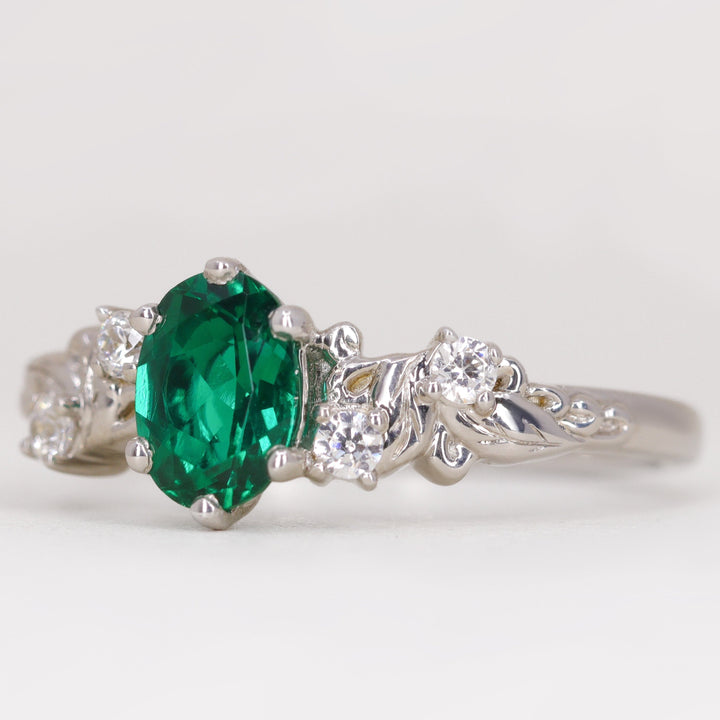 Laurel - Oval Lab Grown Emerald and Diamond Floral Detail Engagement Ring Engagement Rings - Made-to-Order