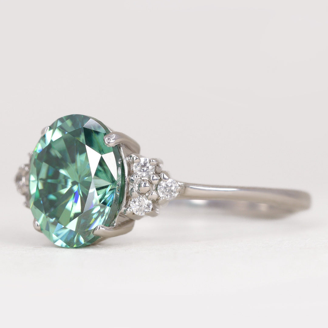 Henrietta - Oval Cut Teal Moissanite Cluster Engagement Ring Engagement Rings - Made-to-Order