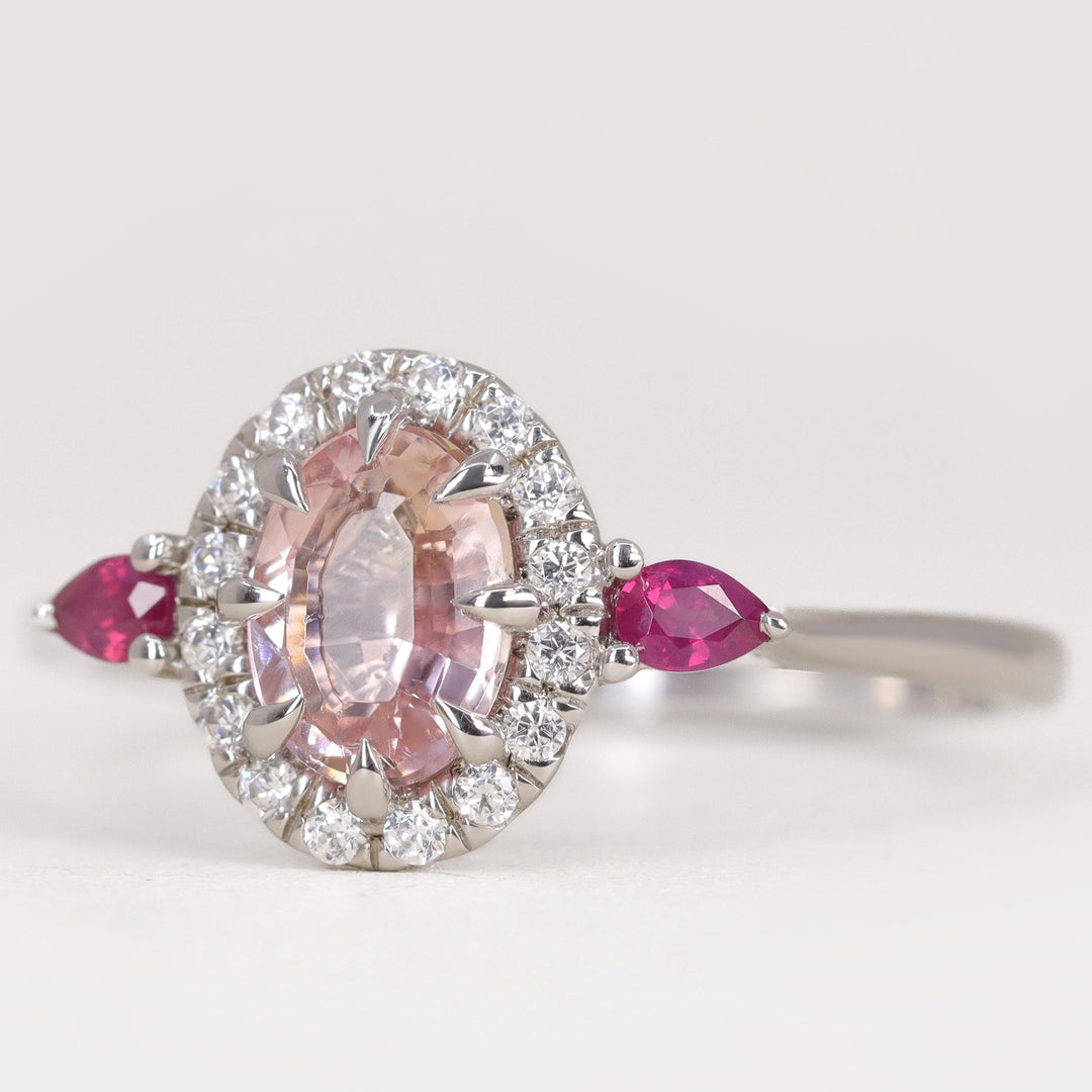 Georgina - Oval Cut Morganite, Ruby and Diamond Trilogy Halo Engagement Ring Engagement Rings - Made-to-Order