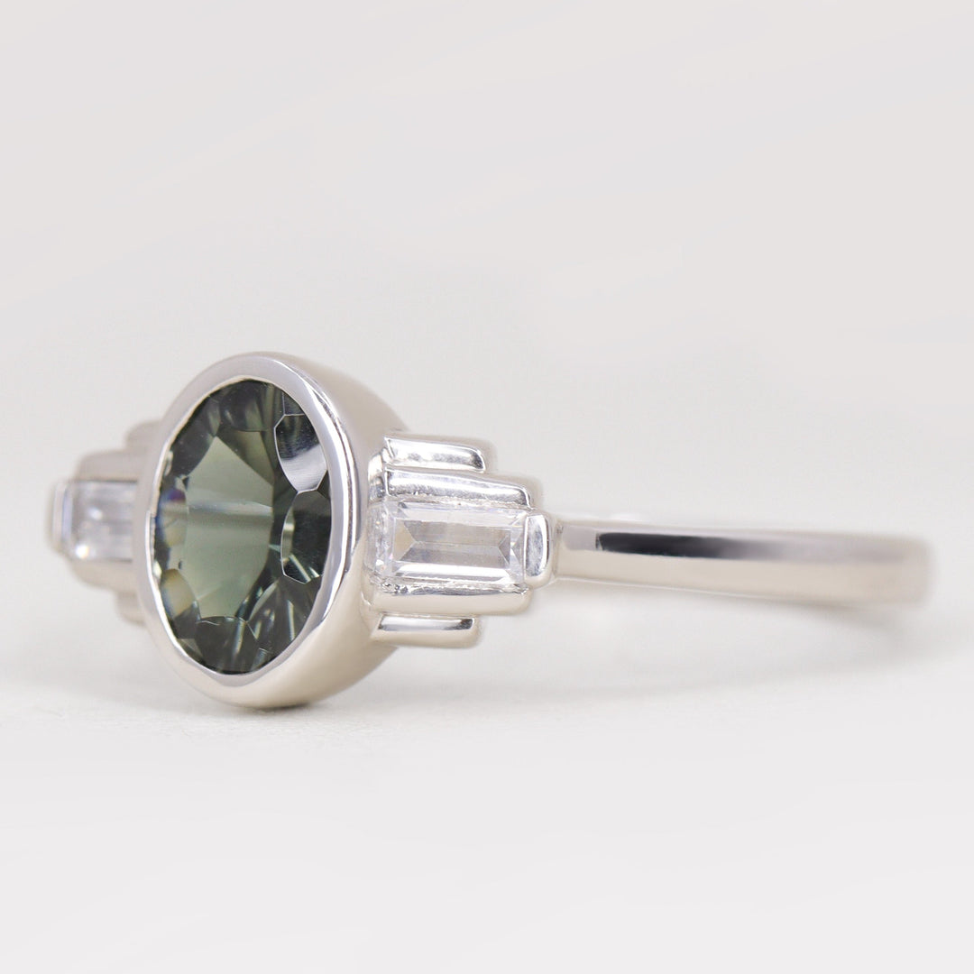 Esther - Oval Optix Cut Green Tourmaline Bezel Set Art Deco Engagement Ring Engagement Rings - Made-to-Order