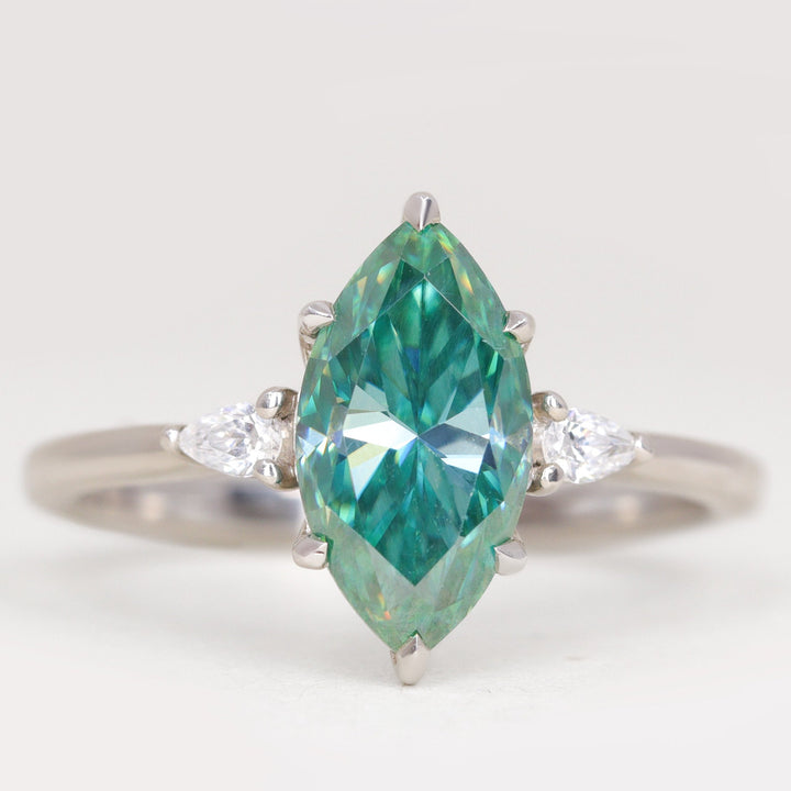 Elspeth - Marquise Cut Teal Moissanite and Diamond Trilogy Engagement Ring Engagement Rings - Made-to-Order
