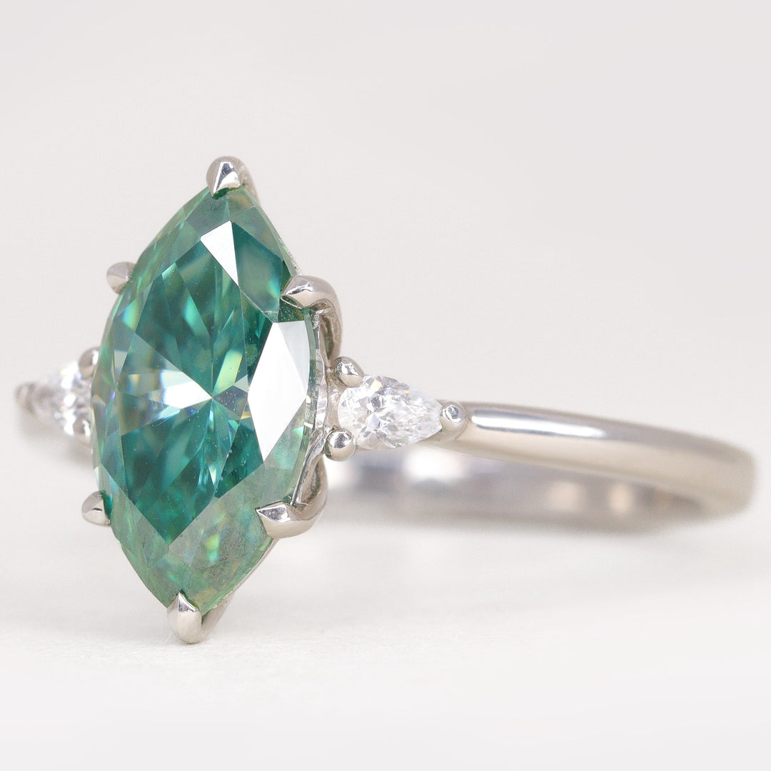 Elspeth - Marquise Cut Teal Moissanite and Diamond Trilogy Engagement Ring Engagement Rings - Made-to-Order