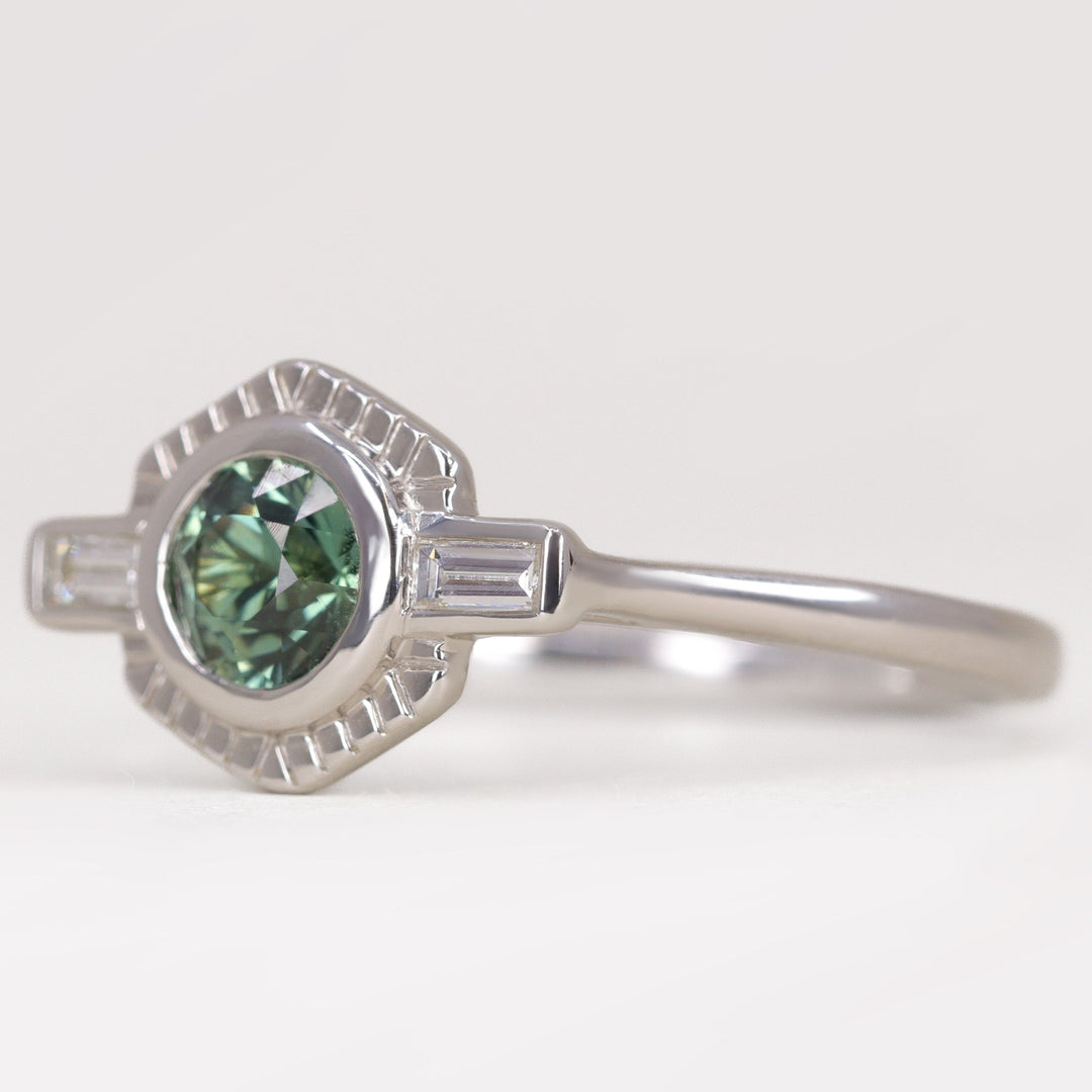 Olivia - Teal Sapphire Art Deco Halo Ring - Ready-to-Wear Engagement Rings - Ready-to-Ship