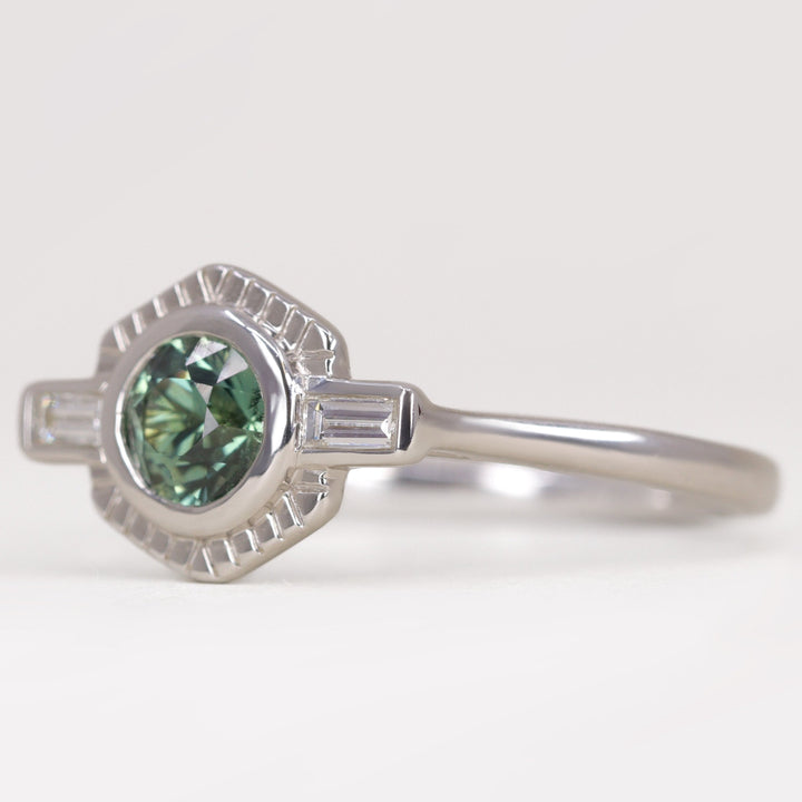 Olivia - Teal Sapphire Art Deco Halo Ring - Ready-to-Wear Engagement Rings - Ready-to-Ship