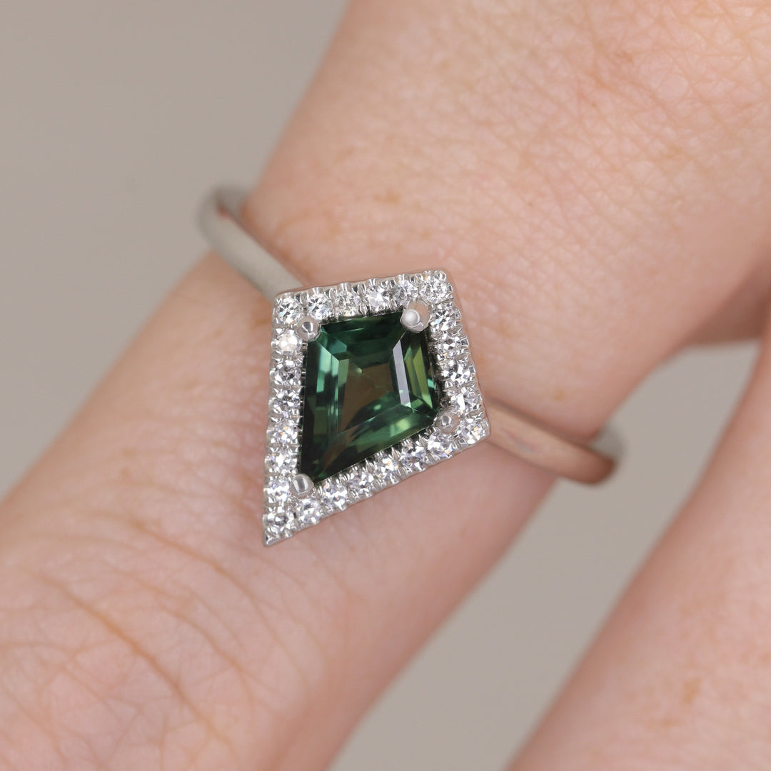 Winter - Kite Shaped Teal Sapphire Halo Engagement Ring Engagement Rings - Price On Application