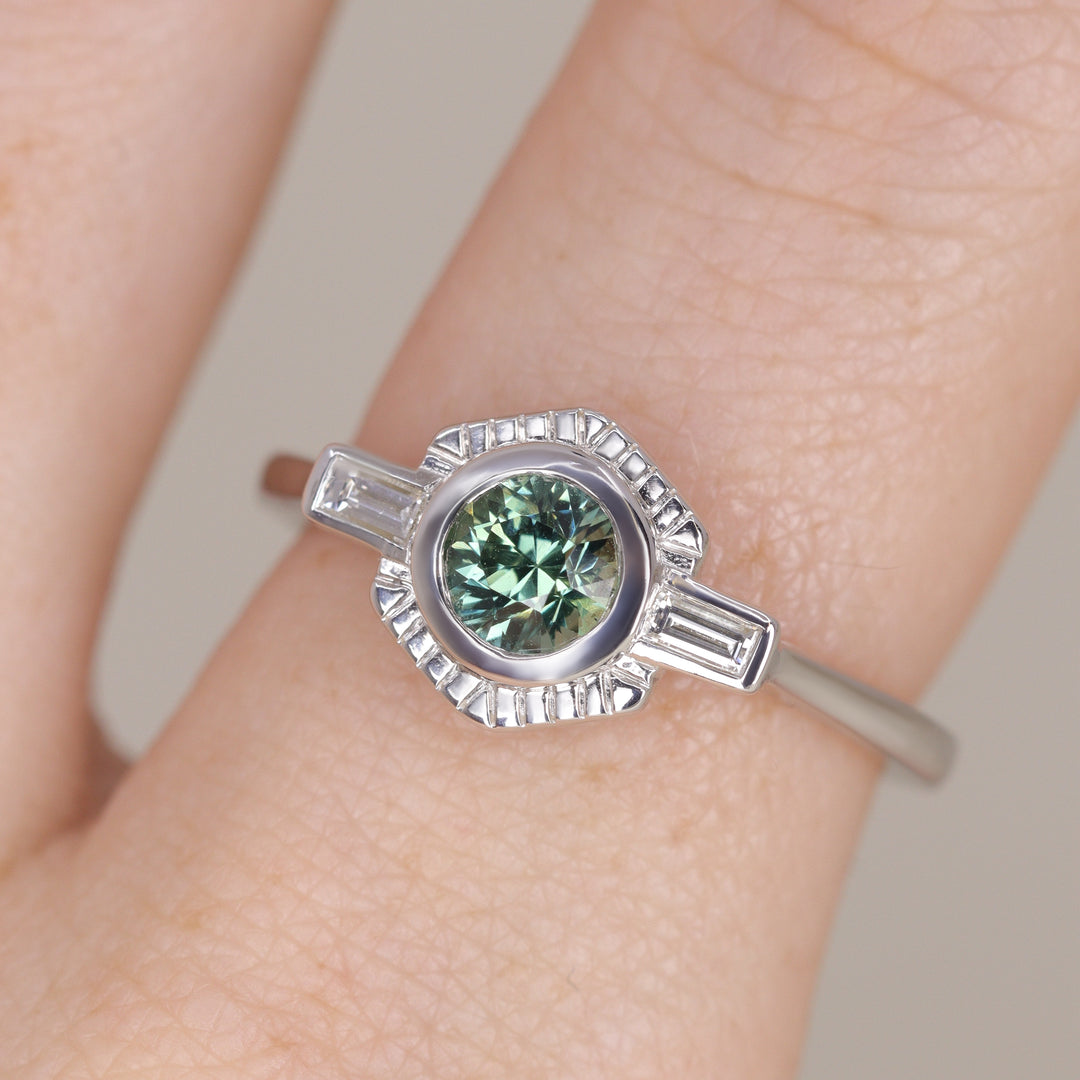 Olivia - Teal Sapphire Art Deco Halo Ring - Ready-to-Wear Engagement Rings - Ready-to-Ship