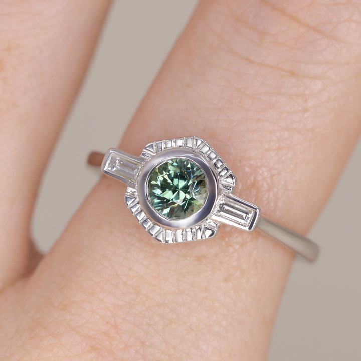 Olivia - Teal Sapphire Art Deco Halo Ring - Ready-to-Wear Engagement Rings - Ready-to-Ship