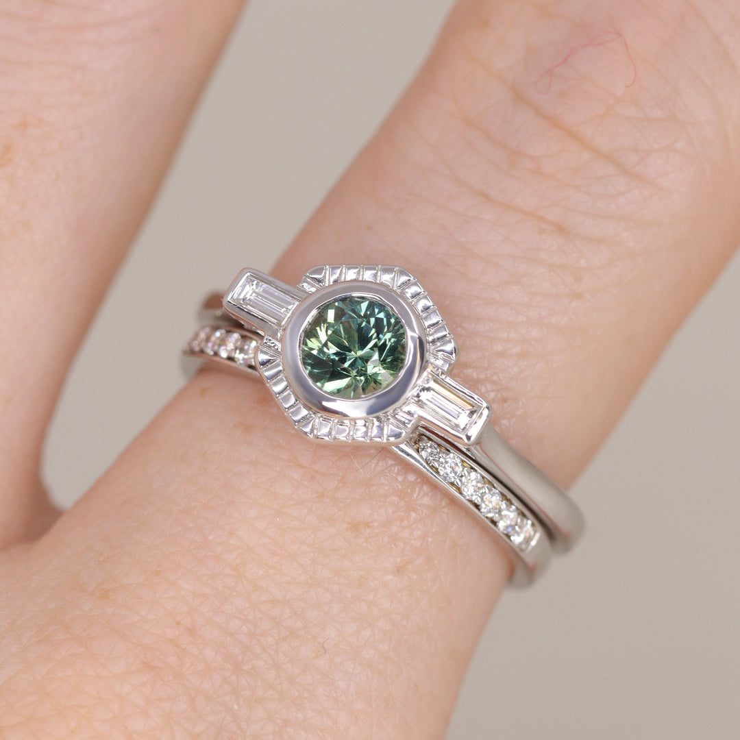 Olivia - Teal Sapphire Art Deco Halo Ring - Ready-to-Wear Engagement Rings - Ready-to-Ship