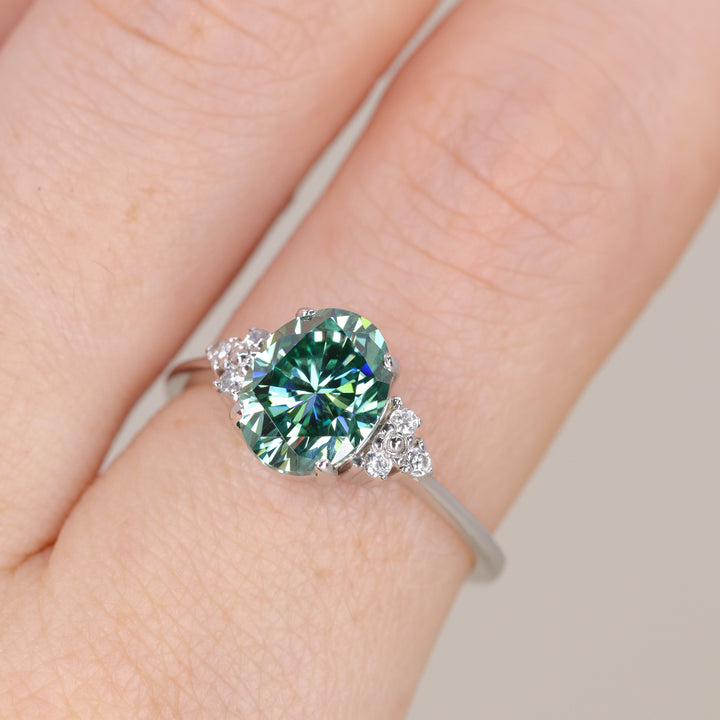 Henrietta - Oval Cut Teal Moissanite Cluster Engagement Ring Engagement Rings - Made-to-Order