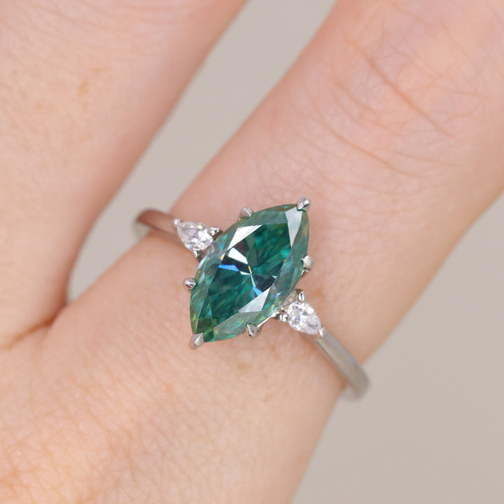 Elspeth - Marquise Cut Teal Moissanite and Diamond Trilogy Engagement Ring Engagement Rings - Made-to-Order