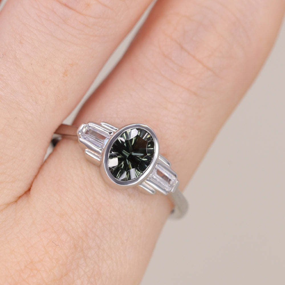 Esther - Oval Optix Cut Green Tourmaline Bezel Set Art Deco Engagement Ring Engagement Rings - Made-to-Order