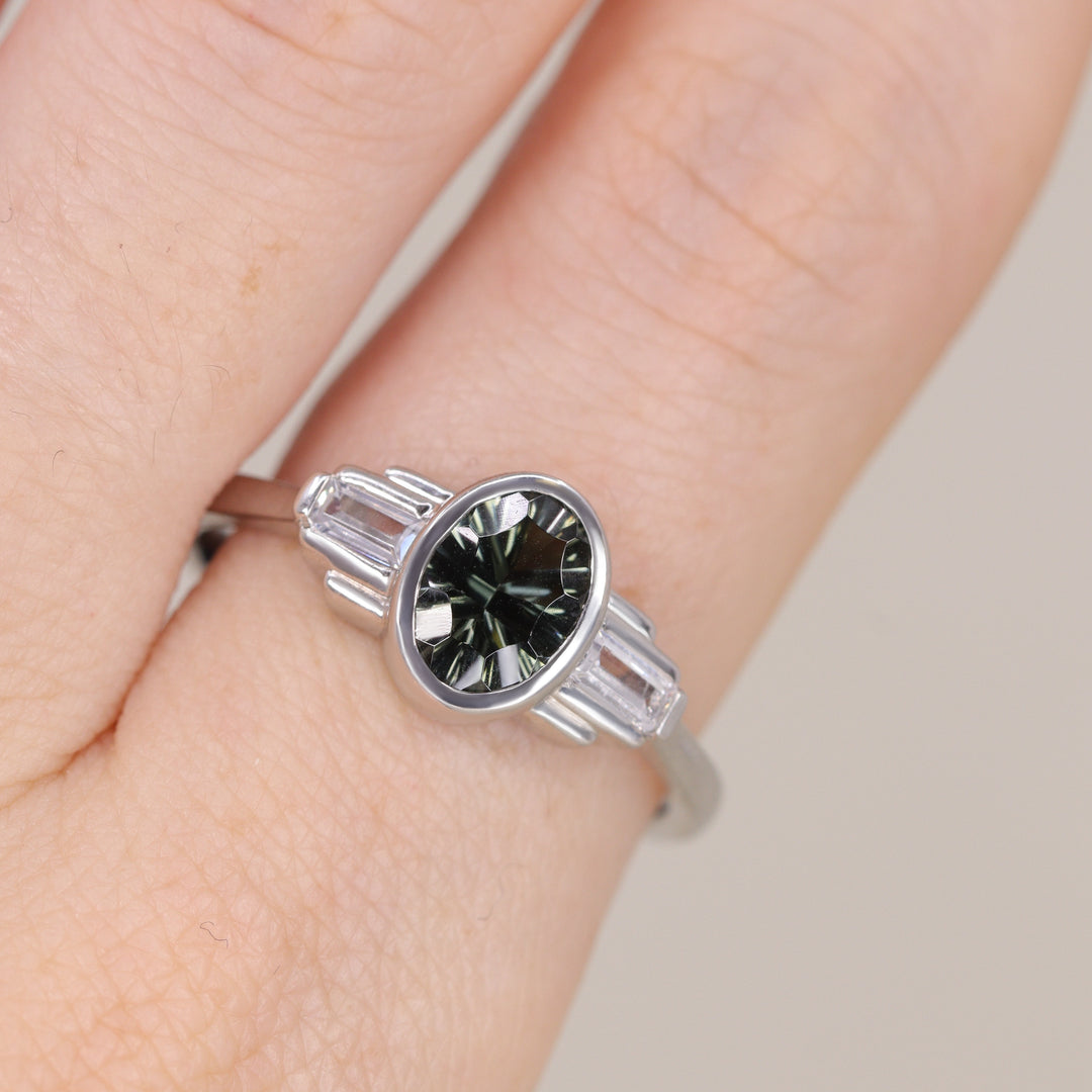 Esther - Oval Optix Cut Green Tourmaline Bezel Set Art Deco Engagement Ring Engagement Rings - Made-to-Order