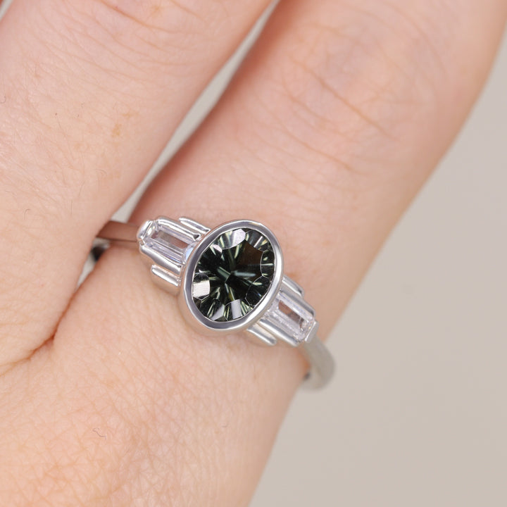 Esther - Oval Optix Cut Green Tourmaline Bezel Set Art Deco Engagement Ring Engagement Rings - Made-to-Order
