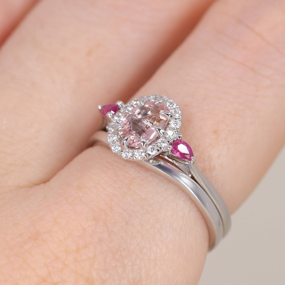 Georgina - Oval Cut Morganite, Ruby and Diamond Trilogy Halo Engagement Ring Engagement Rings - Made-to-Order