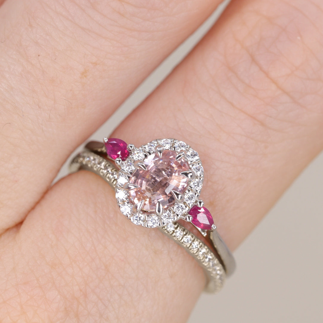 Georgina - Oval Cut Morganite, Ruby and Diamond Trilogy Halo Engagement Ring Engagement Rings - Made-to-Order