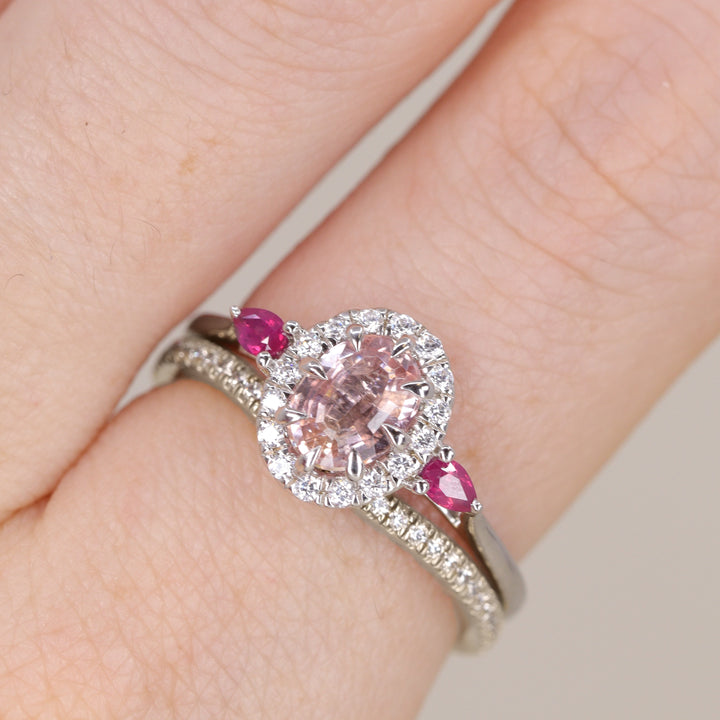 Georgina - Oval Cut Morganite, Ruby and Diamond Trilogy Halo Engagement Ring Engagement Rings - Made-to-Order