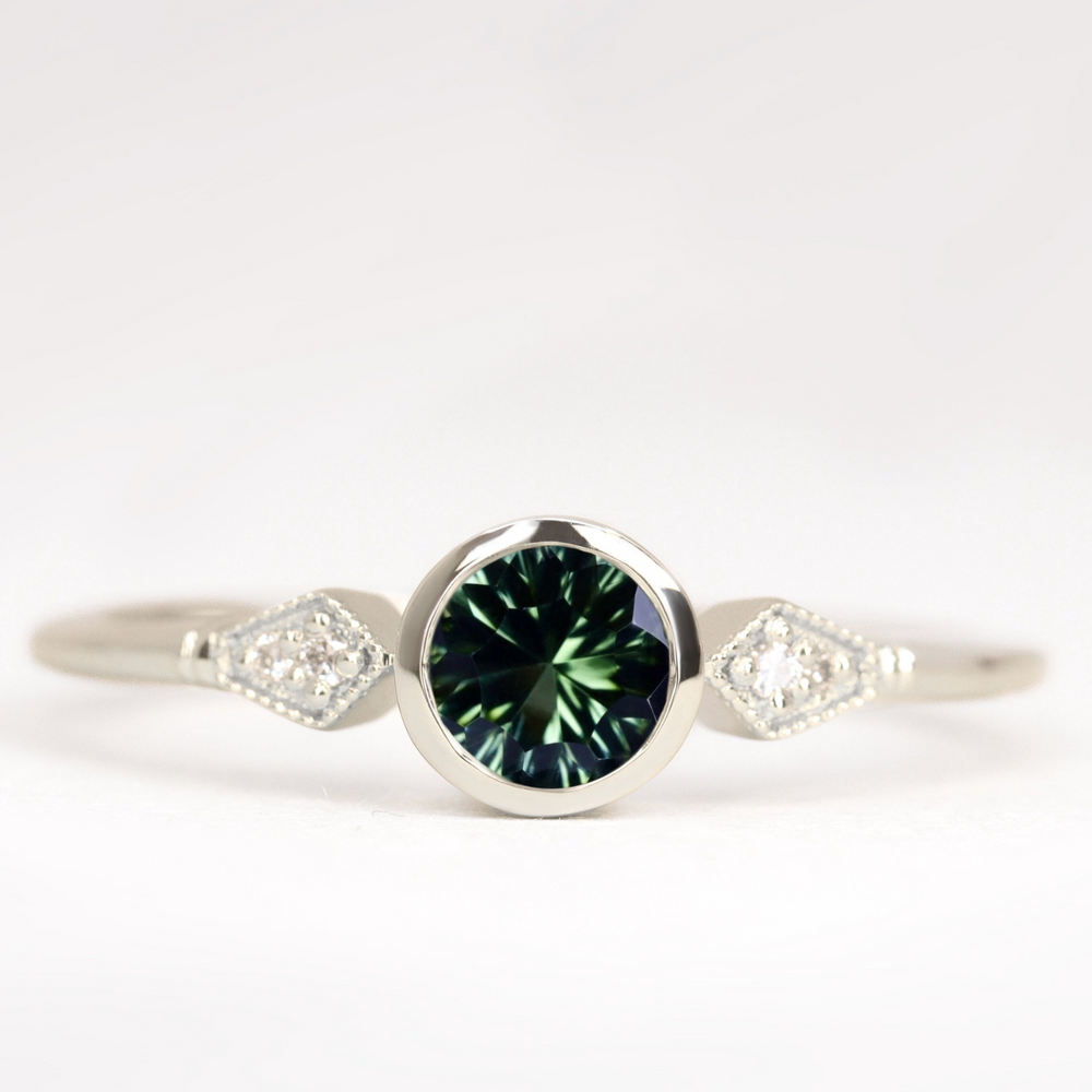 Lola - Round Optix Cut Green Tourmaline Art Deco Engagement Ring Engagement Rings - Made-to-Order