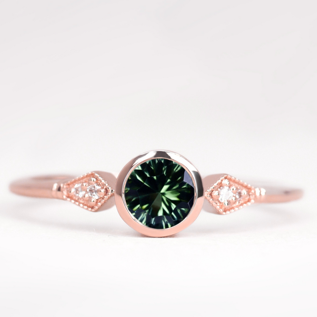 Lola - Round Optix Cut Green Tourmaline Art Deco Engagement Ring Engagement Rings - Made-to-Order